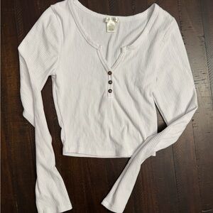 Bozzolo White Ribbed Long Sleeve Top with Button Detail